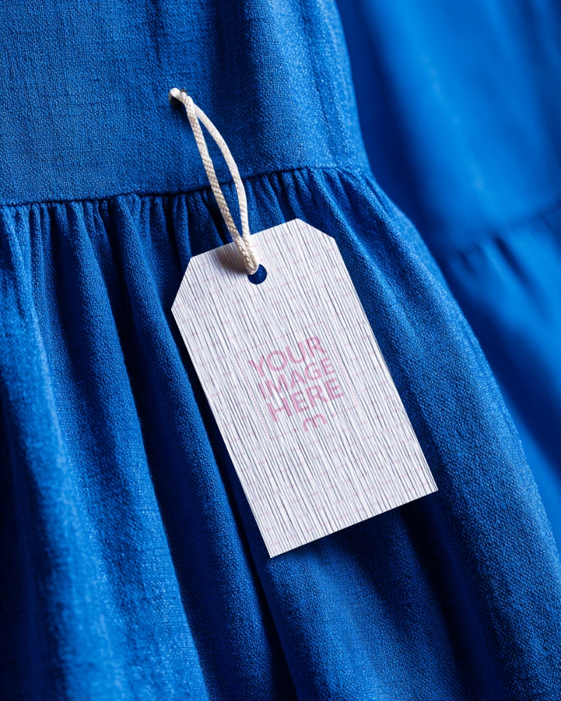 Clothing Tag Mockup on Blue Jeans Dress Fabric in Studio Scene preview image