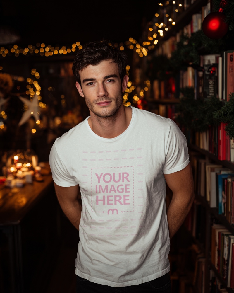 T-Shirt Mockup with Man in Library with Books preview image
