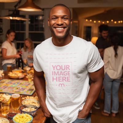T-Shirt Mockup with Smiling Man at Dinner Party Background