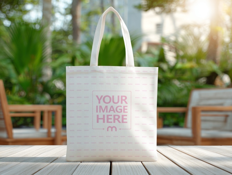 Tote Bag Mockup on Wooden Table with Green Outdoor Setting preview image