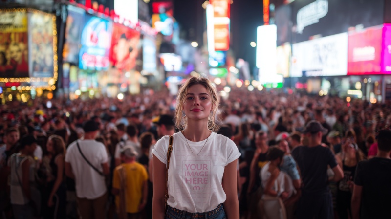 New Year T-Shirt Mockup with Smiling Woman in Street Party preview image