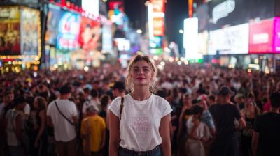 New Year T-Shirt Mockup with Smiling Woman in Street Party