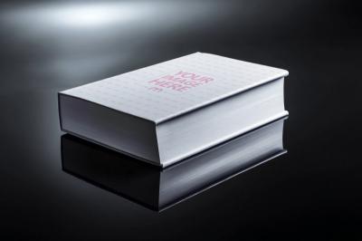 Thick Book Cover Mockup in Diagonal View on Dark Reflective Floor