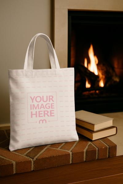 Tote Bag Mockup Indoors with Glowing Fireplace