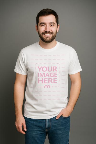 T-Shirt Mockup with Smiling Bearded Man on Gray Minimalist Background
