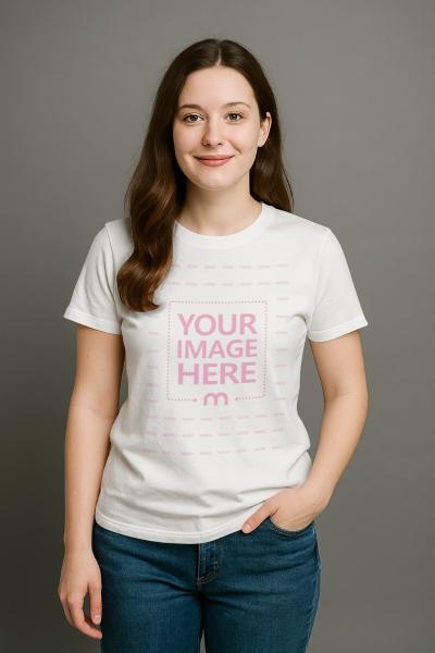 T-Shirt Mockup with Smiling Woman on Clean Gray Studio Background