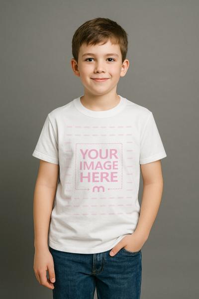 T-Shirt Mockup with Smiling Little Boy on Gray Background