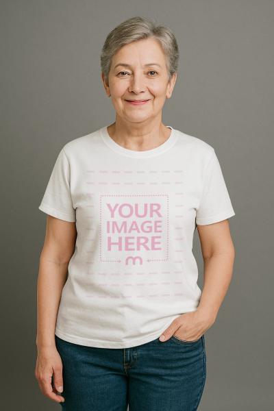 T-Shirt Mockup with Smiling Grandmother on Minimalist Background