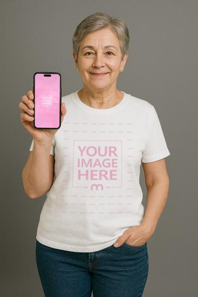 T-Shirt and iPhone Mockup with Grandmother in Casual Studio Scene