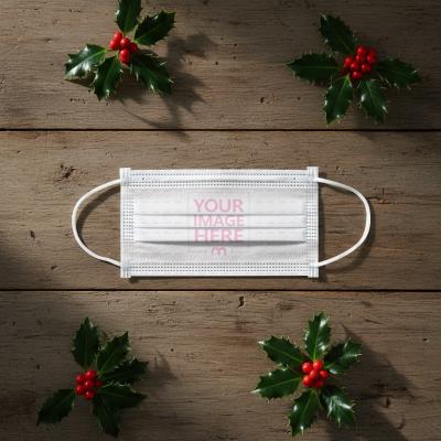 Face Mask Mockup on Wooden Floor with Fruits and Plants Around