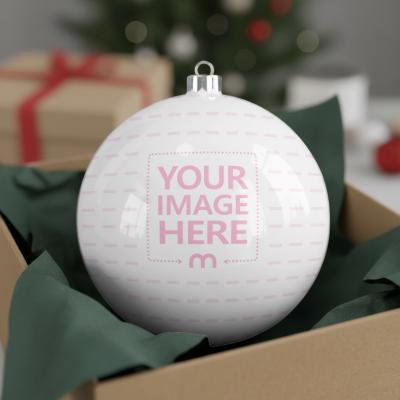 Christmas Ball Mockup on Green Cloth Inside Open Brown Box