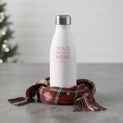 Bottle Mockup Wrapped in Red Scarf on Neutral Background