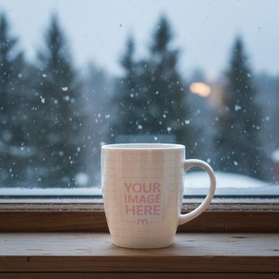 Mug Mockup by Window with Snowy View and Pine Trees Outside