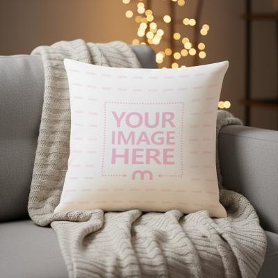 Pillow Mockup on Knitted Cloth Above Sofa Christmas Décor