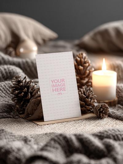 Card Mockup in Winter Interior on Knitted Cloth