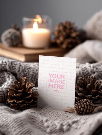 Greetings Card  Mockup with Knitted Fabric Background