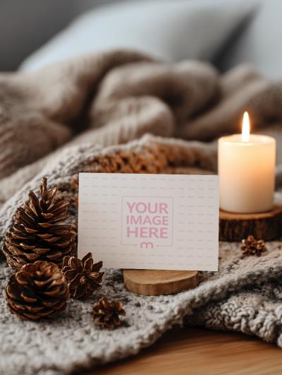 Business Card Mockup on Knitted Cloth in Cozy Winter Scene