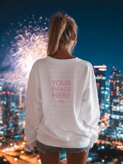 Sweatshirt Back Mockup with Woman Watching Fireworks