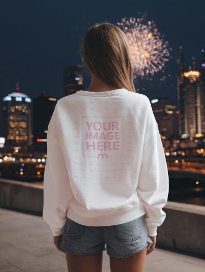 Sweatshirt Back Mockup with Woman in New Years Eve