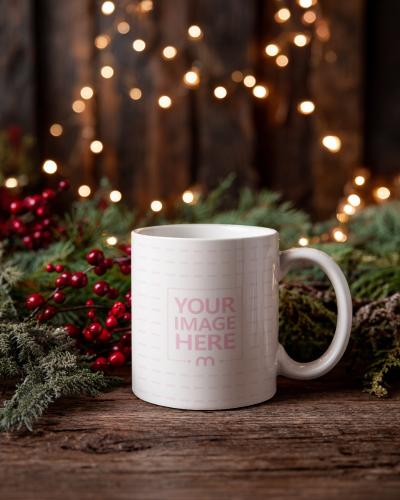 Mug Mockup on Wooden Table with Festive Christmas Setting