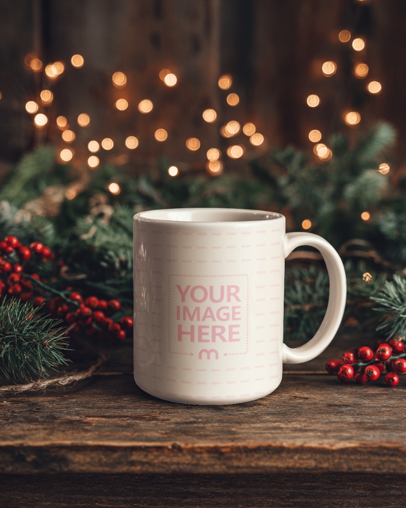 Mug Mockup on Wooden Table with Cozy Holiday Theme preview image