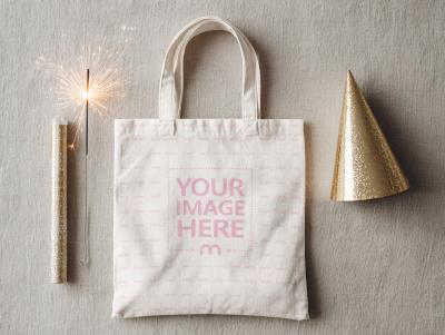 Tote Bag Mockup Top View with Small Firework Glow