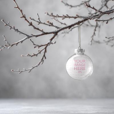 Christmas Ornament Mockup Hanging on Snowy Tree Branch