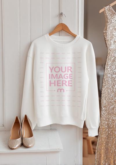 Sweatshirt Mockup Hanging on White Door in Minimalist Scene