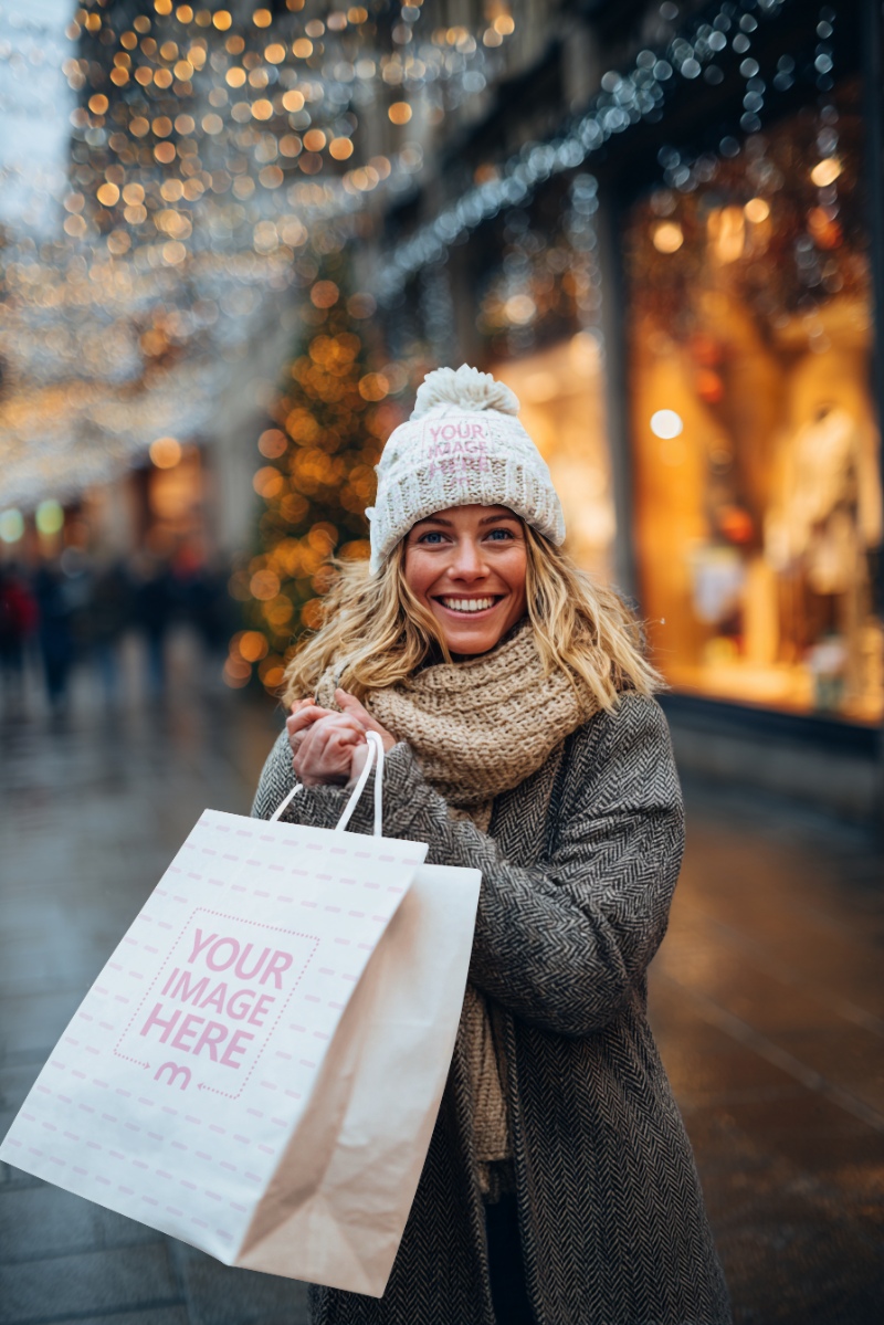 Beanie and Tote Bag Mockup with Woman Shopping preview image