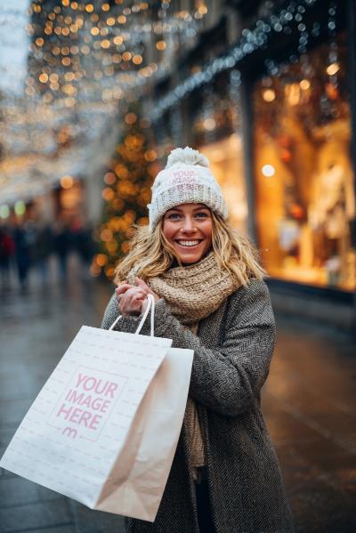 Beanie and Tote Bag Mockup with Woman Shopping