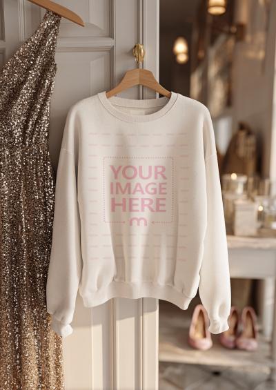 Sweatshirt Mockup on Door with Wooden Hanger in Simple Interior