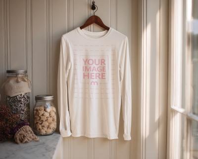 Long Sleeve T-Shirt Mockup Hanging on Wall with Wooden Hanger