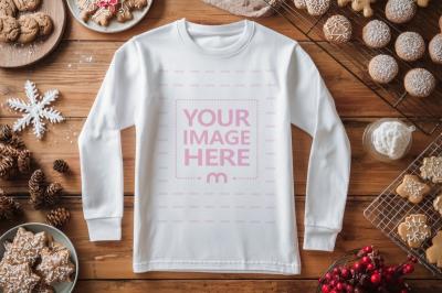 Long Sleeve T-Shirt Mockup on Wooden Floor Christmas Theme