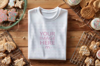 Folded T-Shirt Mockup on Wooden Floor with Christmas Cookies