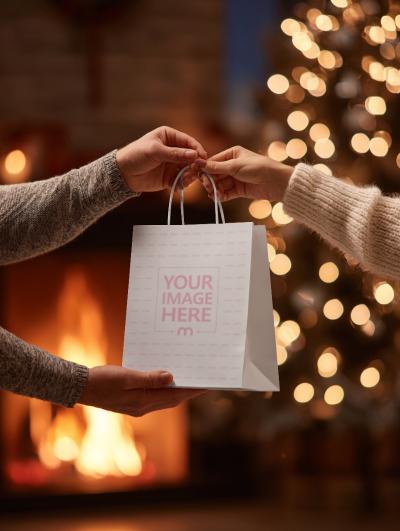 Paper Tote Bag Mockup with Hands Exchanging Gifts