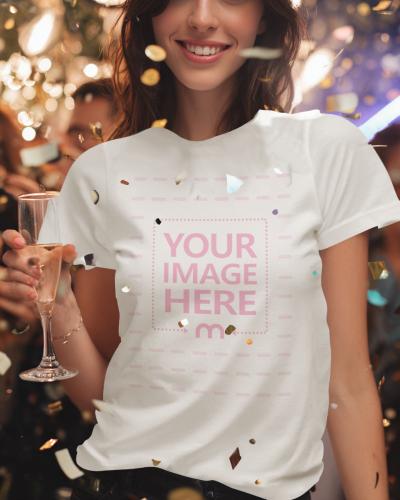 T-Shirt Mockup with Woman Holding Drinks in New Year