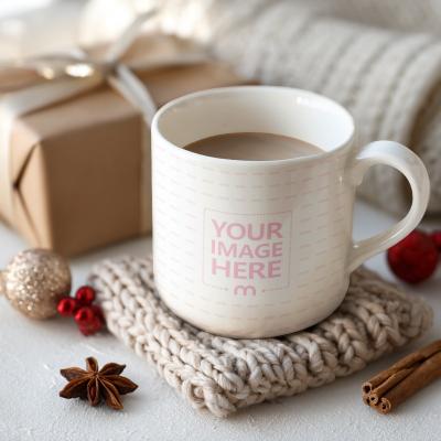 Mug Mockup on Knitted Cloth in Cozy Wintertime Interior