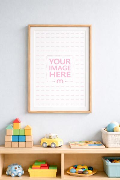 Poster Frame Mockup in Kids Room with Toys and Bookshelf