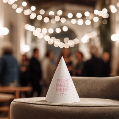 Birthday Hat Mockup on Sofa with Festive Crowd Behind