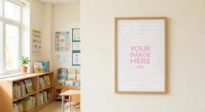 Poster Frame Mockup in Bright Classroom Corner with Bookshelves