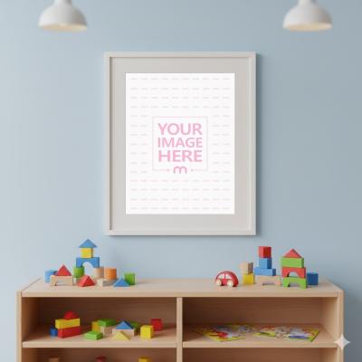 Canvas Frame Mockup in Playroom with Puzzle and Toy Shelf