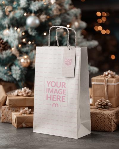 Tote Bag and Tag Mockup with Gift Boxes in Festive Scene