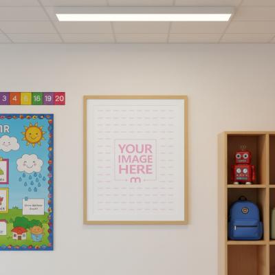 Poster Frame Mockup in Modern Kids Classroom