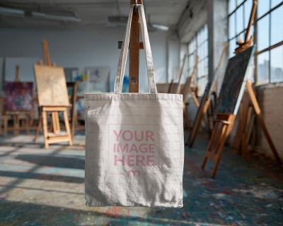 Tote Bag Mockup Hanging on Paint Frame in Studio Scene