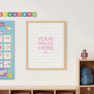 Poster Frame Mockup in Kids Space with Robot Toy and Bookshelf