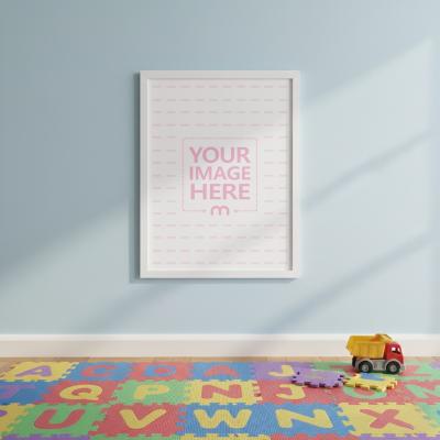 Poster Frame Mockup in Playroom with Puzzle Pieces and Toy Truck