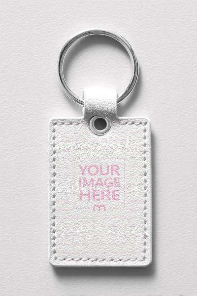 Leather Keychain Plate Mockup with Metal Detail on White Scene