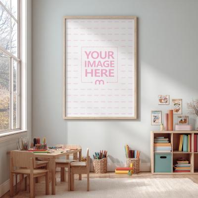 Poster Frame Mockup in Bright Playroom with Art Table and Supplies