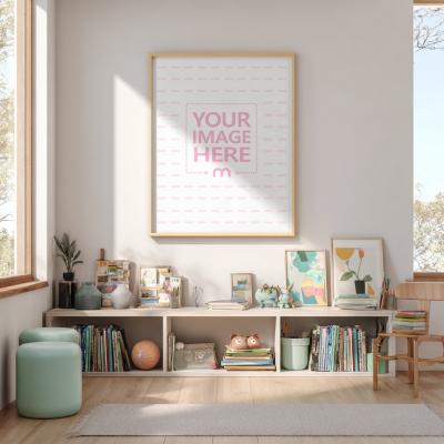 Poster Frame Mockup in Family Playroom with Toy Storage