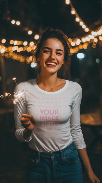 T-Shirt Mockup Featuring Smiling Model with Sparkler at Night